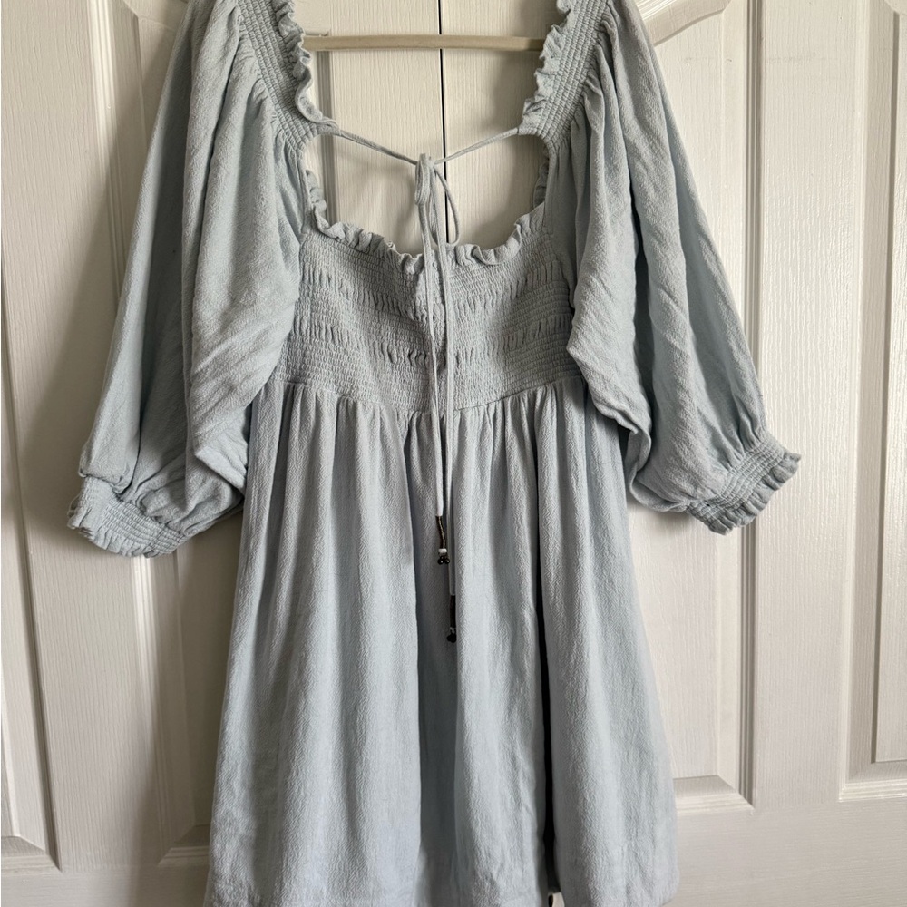 Free People Light Blue Smocked Dress with Puff Sleeves